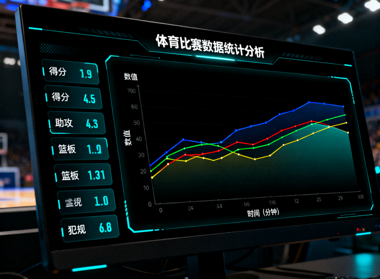 显示体育比赛统计指标与趋势曲线图的数据分析屏幕